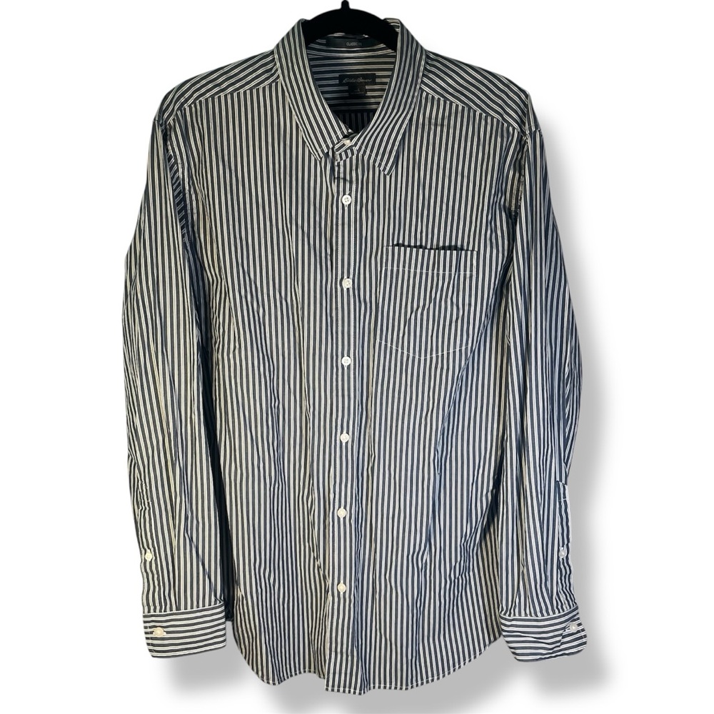 Eddie Bauer White Mens Large Dress Shirt, Blue Striped Button Down, 100% Cotton